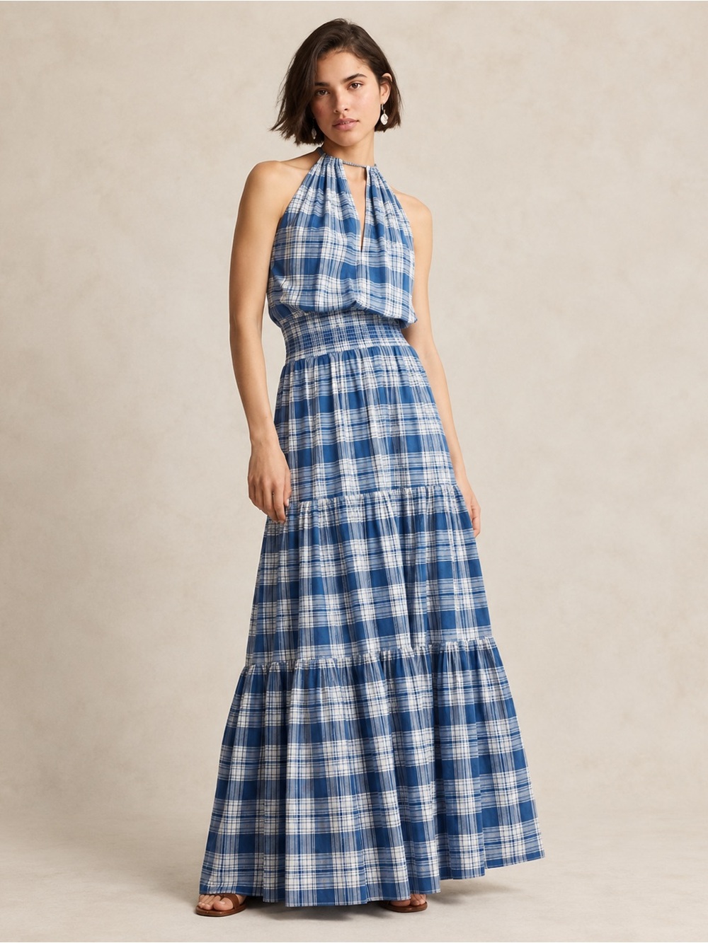 Polo Ralph Lauren Plaid Tiered Cotton Halter Maxi Dress Blue White
